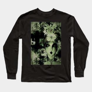 floral dark art deco collage flowers butterflies green Long Sleeve T-Shirt